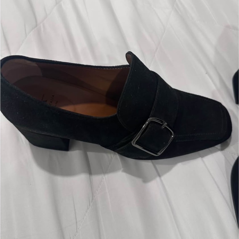 Aquatalia Dark Suede Loafers with Metallic Buckle
